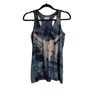 Torn by Ronny Kobo Blue Tie Dye Bull Skull Racerback Tank Top Size M Boho